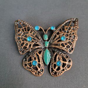 Vintage Womens Copper Tone Blue Rhinestone Enamel Butterfly Brooch Pin 1 1/2 in